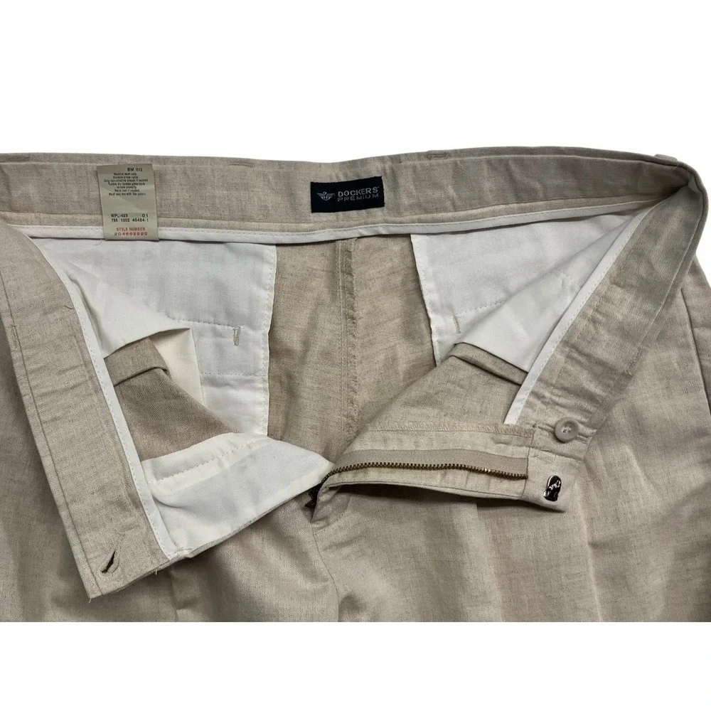 vtg Dockers 33x30 Khaki Linen Cotton Dress Pants Trousers Pleated High Waisted